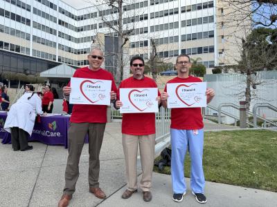 Left to right: Graham Tse, M.D., chief medical officer, Miller Children’s & Women’s Hospital; Glenn Levine, M.D., critical care physician, Miller Children’s & Women’s Hospital; and Christopher Babbitt, M.D., medical director of the Cherese Mari Laulhere Pediatric Intensive Care Unit at Miller Children’s & Women’s Hospital, stand in solidarity with the women they are raising awareness for on National Wear Red Day.