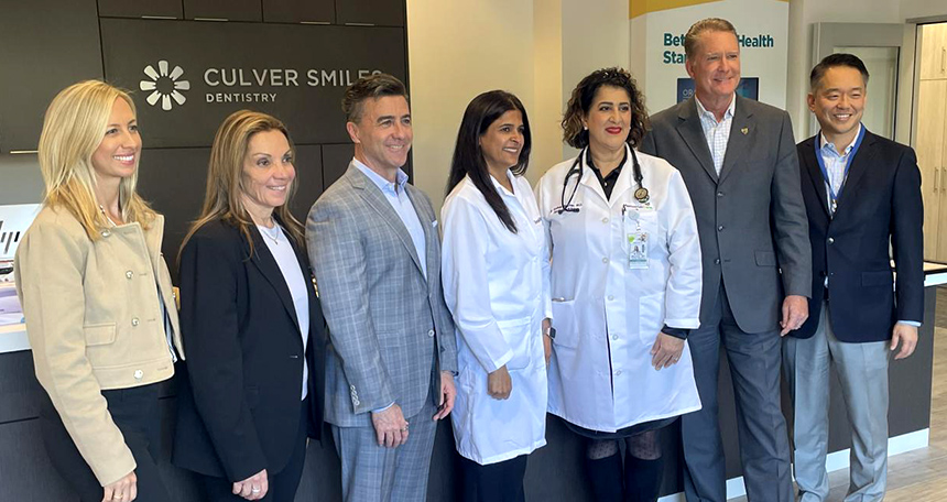 Distinguished city officials gather with leaders from Pacific Dental Services, Culver Smiles Dentistry, and MemorialCare, including Stephen E. Thorne IV, Founder and CEO of Pacific Dental Services, Dr. Deepika Dhama, owner of Culver Smiles Dentistry, Dr. Maria Murchie, the location physician, Barry Arbuckle, Ph.D., President and CEO of MemorialCare, and David Kim, CEO of MemorialCare Medical Group and Greater Newport Physicians.