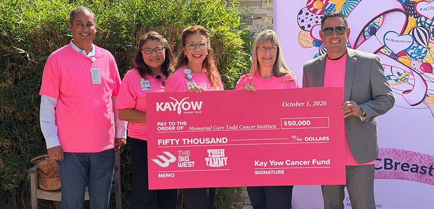 The Kay Yow Cancer Fund presented a $50,000 donation to support transportation needs for patients undergoing breast cancer treatment. Pictured from left: Gary Purushotham, CEO, MemorialCare Long Beach Medical Center; Lillian Breatdo, manager, Women Guiding Women, MemorialCare Todd Cancer Institute; Sandy Lopez, RN, manager, MemorialCare Breast Center; Lisa Poormon, PT, executive director, clinical institute, MemorialCare; and Brian Rosario, director, Play4Kay, Kay Yow Cancer Fund.