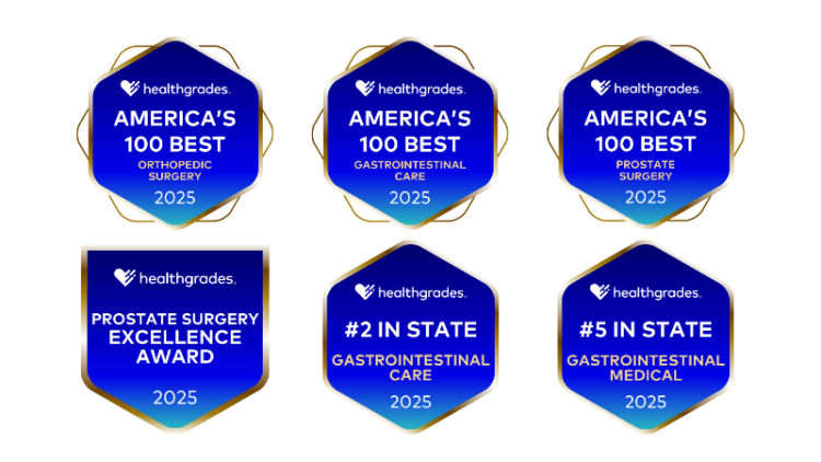 Various Healthgrades badges reflecting the quality care MemorialCare hospitals provide.