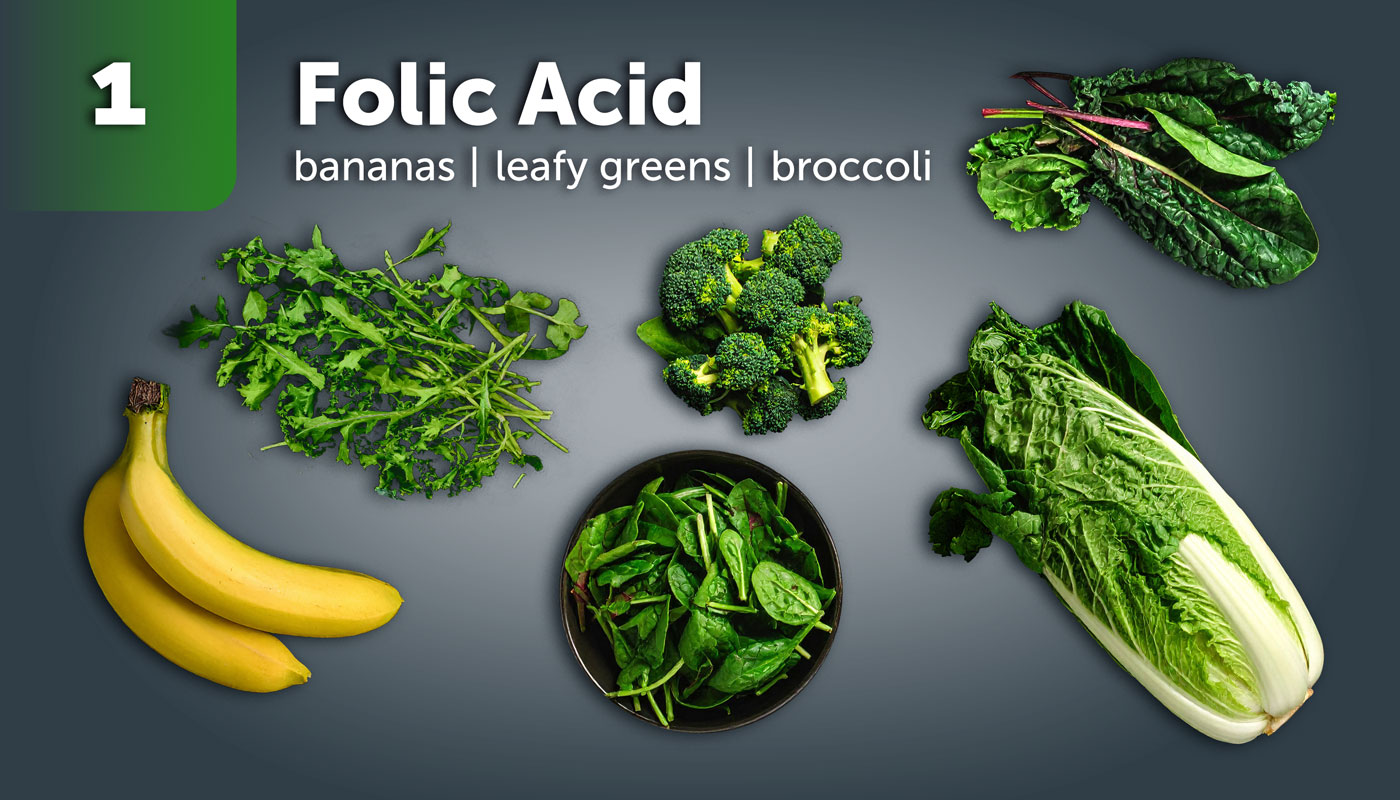 Folic Acid (bananas, leafy greens, broccoli)
